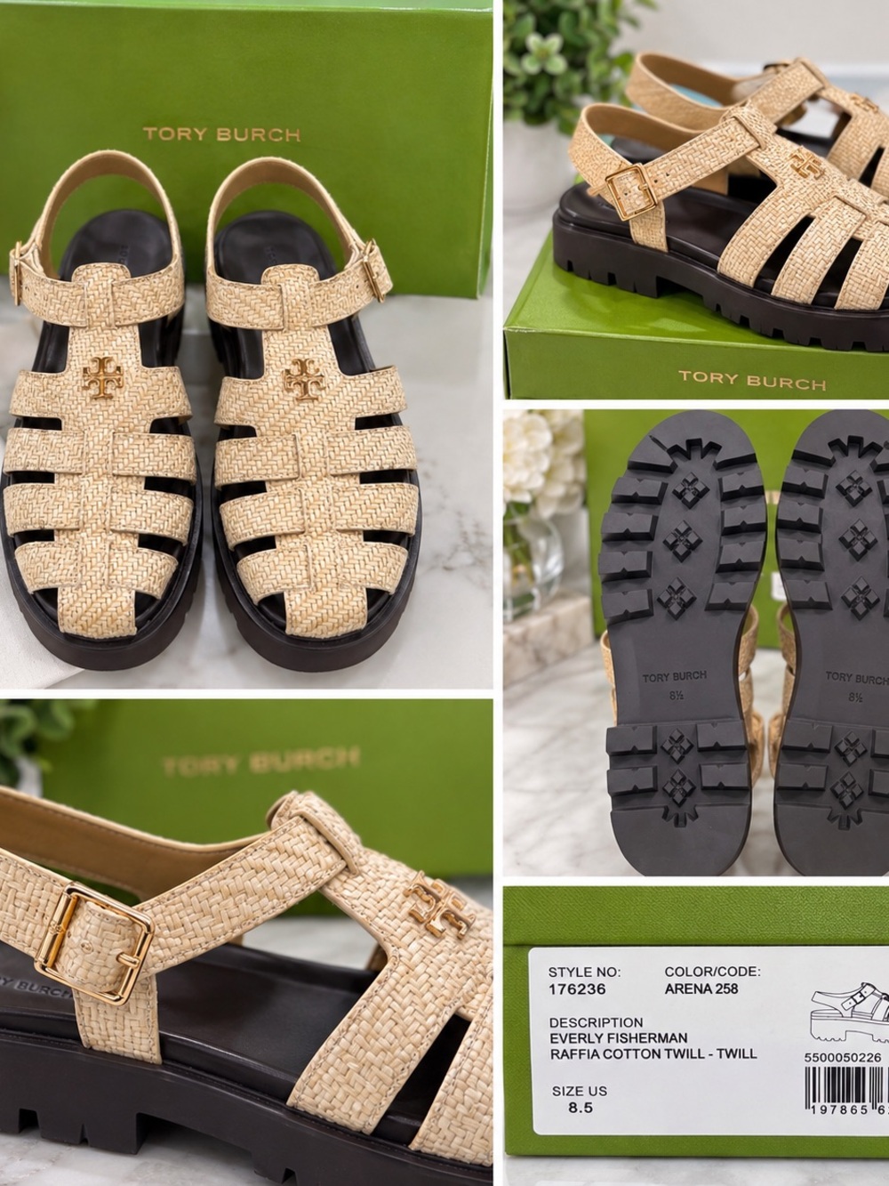 Tory Burch Kids Raffia Fisherman Sandals in Natural Beige with Black Sole